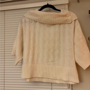 DKNY Cream Cable-Knit Short Sleeve Cowl Sweater with Button Detail